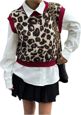 SweatyRocks Women's Sweater Vest Knit Sleeveless Leopard Print Color Block Pullover Sweater Fall Outfits in Saudi Arabia
