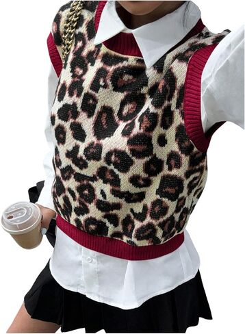 SweatyRocks Women's Sweater Vest Knit Sleeveless Leopard Print Color Block Pullover Sweater Fall Outfits in Saudi Arabia