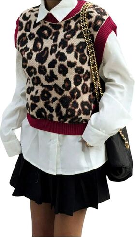 SweatyRocks Women's Sweater Vest Knit Sleeveless Leopard Print Color Block Pullover Sweater Fall Outfits in Saudi Arabia