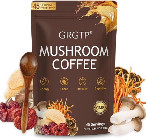GRGTP Mushroom Coffee - مزيج من الأطعمة الفائقة مع 6 Adaptogens (Cordyceps ، Lion's Mane ، Reishi Other) | طاقة خالية من الارتعاش ، التركيز المحسّن ، الدعم والهضم والمناعة | 45 حصص ، نباتي ، خالي من الغلوتين ، غير المعدلة وراثيا | نكهة ناعمة in Saudi Arabia