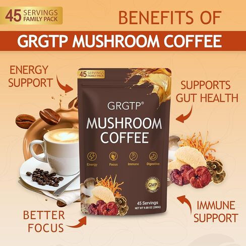 GRGTP Mushroom Coffee - مزيج من الأطعمة الفائقة مع 6 Adaptogens (Cordyceps ، Lion's Mane ، Reishi Other) | طاقة خالية من الارتعاش ، التركيز المحسّن ، الدعم والهضم والمناعة | 45 حصص ، نباتي ، خالي من الغلوتين ، غير المعدلة وراثيا | نكهة ناعمة in Saudi Arabia