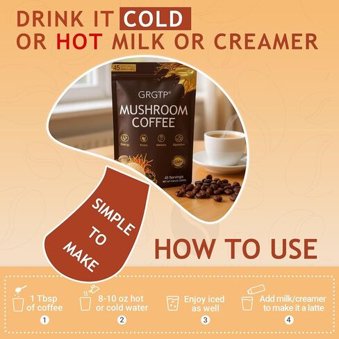 GRGTP Mushroom Coffee - مزيج من الأطعمة الفائقة مع 6 Adaptogens (Cordyceps ، Lion's Mane ، Reishi Other) | طاقة خالية من الارتعاش ، التركيز المحسّن ، الدعم والهضم والمناعة | 45 حصص ، نباتي ، خالي من الغلوتين ، غير المعدلة وراثيا | نكهة ناعمة in Saudi Arabia