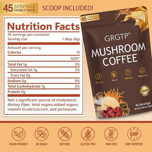 GRGTP Mushroom Coffee - مزيج من الأطعمة الفائقة مع 6 Adaptogens (Cordyceps ، Lion's Mane ، Reishi Other) | طاقة خالية من الارتعاش ، التركيز المحسّن ، الدعم والهضم والمناعة | 45 حصص ، نباتي ، خالي من الغلوتين ، غير المعدلة وراثيا | نكهة ناعمة in Saudi Arabia