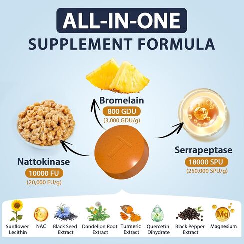Spike Detox-Nattokinase مكملات 10000 FU مع Serrapeptase 18000 SPU & Bromelain 800 GDU-3-in-1 صيغة متعددة الإنزيم الجهازية للقلب-90 أقراص in Saudi Arabia