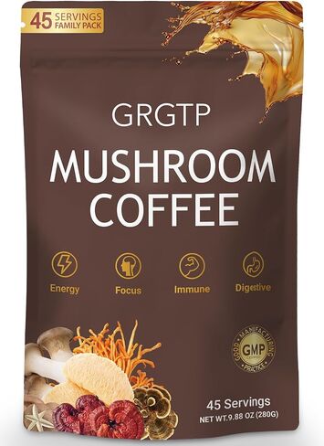 GRGTP Mushroom Coffee - مزيج من الأطعمة الفائقة مع 6 Adaptogens (Cordyceps ، Lion's Mane ، Reishi Other) | طاقة خالية من الارتعاش ، التركيز المحسّن ، الدعم والهضم والمناعة | 45 حصص ، نباتي ، خالي من الغلوتين ، غير المعدلة وراثيا | نكهة ناعمة in Kuwait