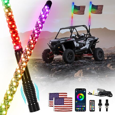 Sautvs 2pcs 3ft LED مصابيح السوط مع قاعدة الربيع ، RGB حلزوني المطاردة لضوء UTV ATV Polaris RZR CAN-AM X3 SXS Offroad Truck ، مزامنة الموسيقى ، IP67 مقاومة للماء in Kuwait