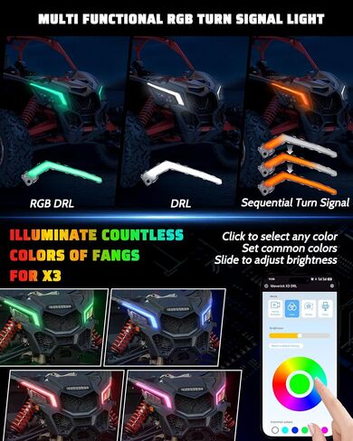 RGB LED Fang Lights لـ Can-Am Maverick X3 و X3 Max Trail Sport 2017-2025 ، التحكم في التطبيق ، بدء الرسوم المتحركة ، إشارات الدوران ، المشاهد الذكية ، مزامنة الموسيقى ، التوصيل والتشغيل ، 2pcs in Saudi Arabia