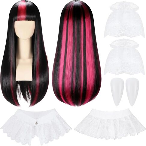 Newcotte 4 PCS Halloween Vampire Costume Set Pink Black Wig with White Lace Ruffle Gloves Vampire Vampire Fay Fangs Spooky Cute Gothic Halloween Cosplay Explay for Teenage Women Outfit in Saudi Arabia