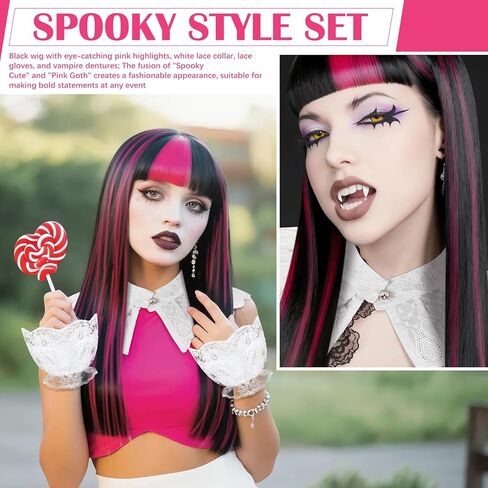 Newcotte 4 PCS Halloween Vampire Costume Set Pink Black Wig with White Lace Ruffle Gloves Vampire Vampire Fay Fangs Spooky Cute Gothic Halloween Cosplay Explay for Teenage Women Outfit in Saudi Arabia