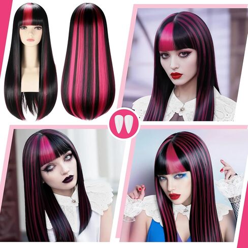 Newcotte 4 PCS Halloween Vampire Costume Set Pink Black Wig with White Lace Ruffle Gloves Vampire Vampire Fay Fangs Spooky Cute Gothic Halloween Cosplay Explay for Teenage Women Outfit in Saudi Arabia