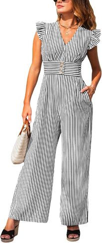CUPSHE Summer Stripes Jumpsuits for Women V Neck Ruffle Cap Sleeve Romper Dressy Overalls Wide Leg Pants One Piece Outfits in Saudi Arabia