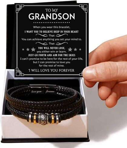 To My Grandson Bracelet from Grandma Grandpa With Heartfelt Message & Elegant Box, Braided Leather Bracelets Gifts For Grandson, Birthday, Graduation, Christmas Gifts For Grandsons in Saudi Arabia