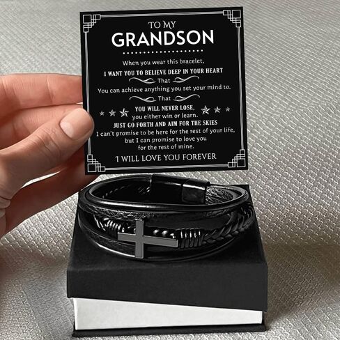 To My Grandson Bracelet from Grandma Grandpa With Heartfelt Message & Elegant Box, Braided Leather Bracelets Gifts For Grandson, Birthday, Graduation, Christmas Gifts For Grandsons in Saudi Arabia