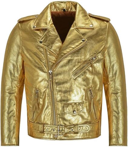 Mens Motorcycle Jacket Shiny Gold Brando Faux Leather Jacket Brando Belted Motorcycle Biker Jacket in Saudi Arabia