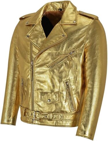 Mens Motorcycle Jacket Shiny Gold Brando Faux Leather Jacket Brando Belted Motorcycle Biker Jacket in Saudi Arabia