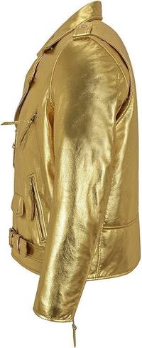 Mens Motorcycle Jacket Shiny Gold Brando Faux Leather Jacket Brando Belted Motorcycle Biker Jacket in Saudi Arabia