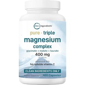 Micro Ingredients Pure Magnesium Complex, 300 Capsules | Triple Magnesium Glycinate, Malate, Taurate with Vitamin C | 100% Chelated | Supports Muscles, Nerves, & Energy | Only Active Ingredients in Kuwait