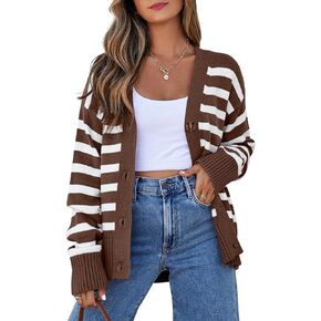 EVALESS Womens Casual Striped Cardigan Sweaters Fall Fashion 2024 Long Sleeve V Neck Lightweight Cardigans Open Front Button Down Knit Sweater Tops Green Stripe X-Small in Kuwait