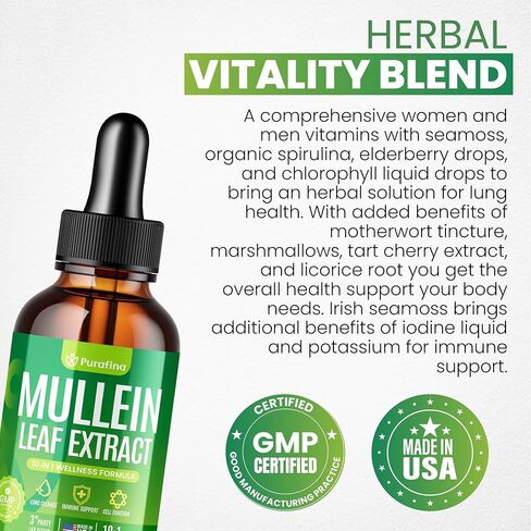 قطرات Mullein للرئتين ، مستخلص أوراق Mullein 10 في 1 لتطهير الرئة مع كروسلوفيل ، طحالب البحر ، سبيرولينا ، إلدربيري ، التخلص من نوكس الرئة التنفسي-الولايات المتحدة الأمريكية مكمل مولين (زجاجة واحدة) in Kuwait