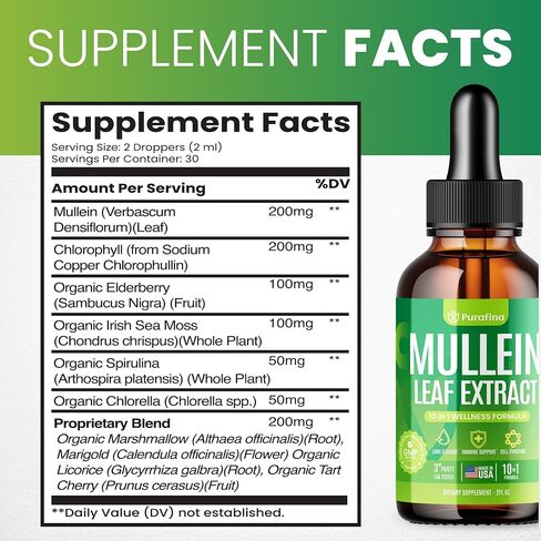 قطرات Mullein للرئتين ، مستخلص أوراق Mullein 10 في 1 لتطهير الرئة مع كروسلوفيل ، طحالب البحر ، سبيرولينا ، إلدربيري ، التخلص من نوكس الرئة التنفسي-الولايات المتحدة الأمريكية مكمل مولين (زجاجة واحدة) in Kuwait