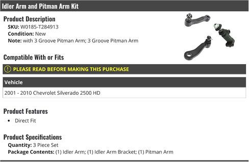 Idler Arm and Pitman Arm Kit - 3 Piece - Compatible with 2001-2010 Chevy Silverado 2500 HD (with 3-Groove Pitman Arm) in Saudi Arabia