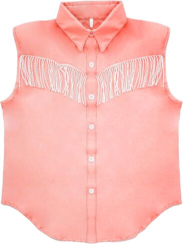 Girls Kids Fringe Vest Sleeveless Western Cowgirl Tassel Trim Casual Blouse Button Down Tassel Vest Shirt Top 5-13Years in Saudi Arabia