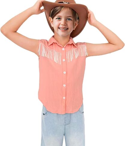 Girls Kids Fringe Vest Sleeveless Western Cowgirl Tassel Trim Casual Blouse Button Down Tassel Vest Shirt Top 5-13Years in Saudi Arabia