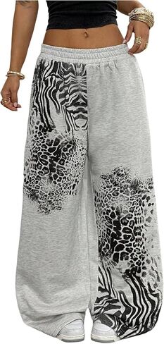 Verdusa Women's Y2k Goth Leopard Print Baggy Sweatpants Elastic Waist Wide Leg Long Pants in Saudi Arabia