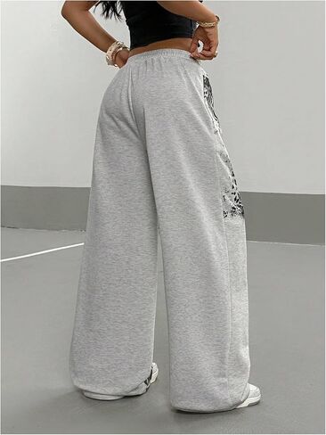 Verdusa Women's Y2k Goth Leopard Print Baggy Sweatpants Elastic Waist Wide Leg Long Pants in Saudi Arabia