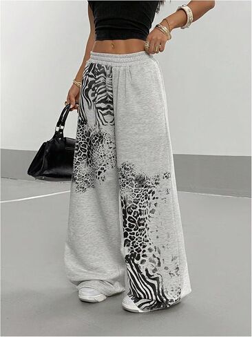 Verdusa Women's Y2k Goth Leopard Print Baggy Sweatpants Elastic Waist Wide Leg Long Pants in Saudi Arabia