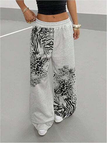 Verdusa Women's Y2k Goth Leopard Print Baggy Sweatpants Elastic Waist Wide Leg Long Pants in Saudi Arabia