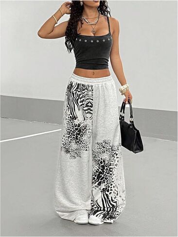 Verdusa Women's Y2k Goth Leopard Print Baggy Sweatpants Elastic Waist Wide Leg Long Pants in Saudi Arabia