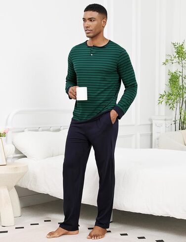 Men Pajama مجموعة 100 ٪ من القطن Mens مجموعات الأكمام طويلة جردت أعلى والرافعة سروال النوم ملابس ناعمة خفيفة الوزن in Kuwait