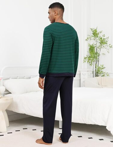 Men Pajama مجموعة 100 ٪ من القطن Mens مجموعات الأكمام طويلة جردت أعلى والرافعة سروال النوم ملابس ناعمة خفيفة الوزن in Kuwait