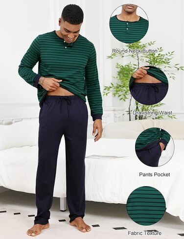 Men Pajama مجموعة 100 ٪ من القطن Mens مجموعات الأكمام طويلة جردت أعلى والرافعة سروال النوم ملابس ناعمة خفيفة الوزن in Kuwait