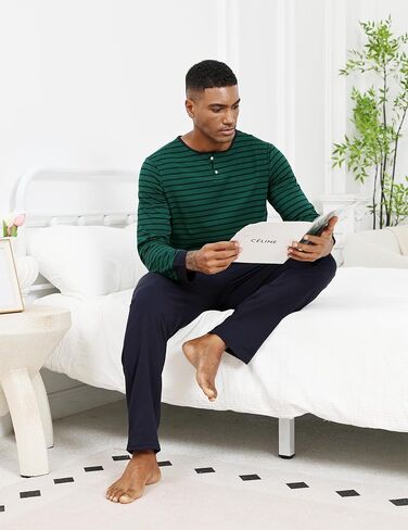Men Pajama مجموعة 100 ٪ من القطن Mens مجموعات الأكمام طويلة جردت أعلى والرافعة سروال النوم ملابس ناعمة خفيفة الوزن in Kuwait