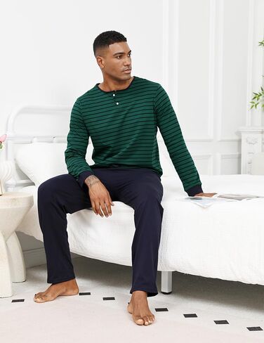 Men Pajama مجموعة 100 ٪ من القطن Mens مجموعات الأكمام طويلة جردت أعلى والرافعة سروال النوم ملابس ناعمة خفيفة الوزن in Kuwait
