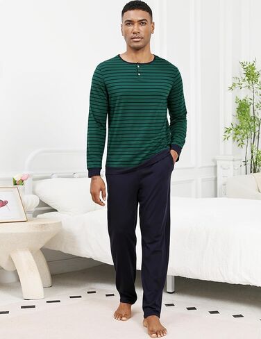 Men Pajama مجموعة 100 ٪ من القطن Mens مجموعات الأكمام طويلة جردت أعلى والرافعة سروال النوم ملابس ناعمة خفيفة الوزن in Kuwait