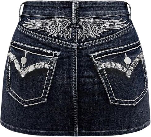 Floerns Women's Wing Embroidery Denim Skirts Rhinestone Stretch Y2k Mini Skirt in Saudi Arabia