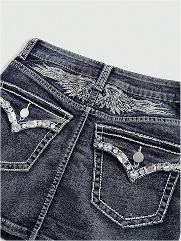 Floerns Women's Wing Embroidery Denim Skirts Rhinestone Stretch Y2k Mini Skirt in Saudi Arabia