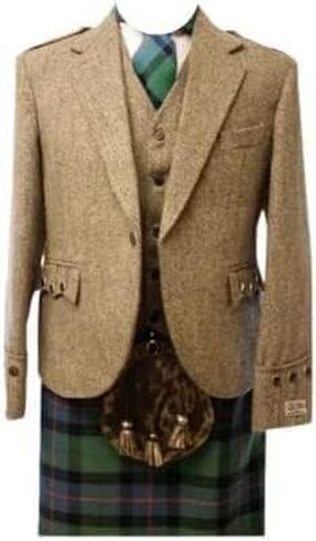 Scottish Mens Khaki Argyle Argyll Kilt Jacket & Vest 100% Tweed Wool Wedding Kilt Jacket in Saudi Arabia