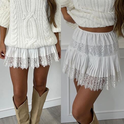 Women Lace Mini Skirt Ruffle Pleated Slip Y2k Flowy Skirts with Lined Shorts in Saudi Arabia