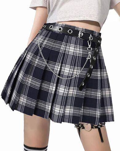 AULKEEP Womens Goth Black Mini Skirt with Belt Punk High Waist Plaid Skirts for Women for Streetwear in Kuwait