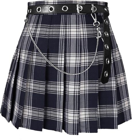 AULKEEP Womens Goth Black Mini Skirt with Belt Punk High Waist Plaid Skirts for Women for Streetwear in Kuwait