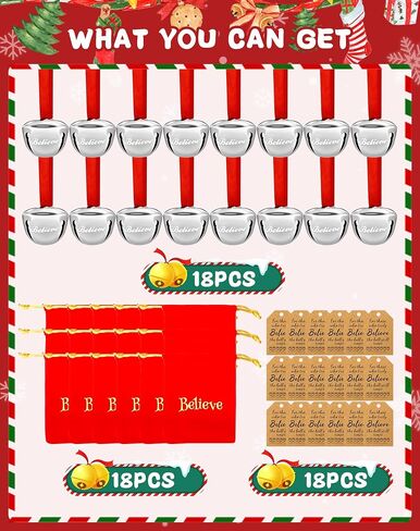 18PCS Christmas Believe Bell Ornaments, Polar Express Bell, Silver Sleigh Bell Christmas Party School Classroom Indoor Outdoor Decor Supplies(18) in Saudi Arabia