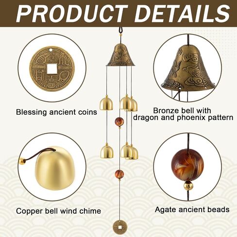 Yalikop Fengshui Wind Chimes with Gift Box Tibetan Bells 6 Bells Copper Dragon Japanese Wind Chimes Vintage Good Luck Blessing Hanging Decor for Outside Yard Home Garden in Saudi Arabia