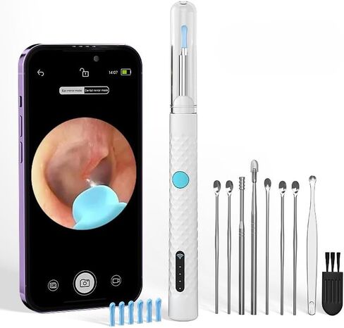 Ear Wax Removal Tool Camera, ILIHOME Otoscope with 8 Pcs Ear Set, Digital Visual Ear Pick Wax Remover, Ear Cleaning Kit with 6 Ear Spoon for iOS & Android-White in Kuwait