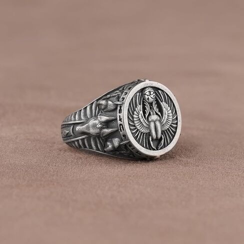 حلقة Horus Anubis مع عبور ثلاثي الأبعاد ، خاتم الرجال الفضي المصنوع يدويًا ، ومجوهرات الله المصرية ، خاتم الخاتم القديم ، حلقة الخنفساء الأساطير in Kuwait