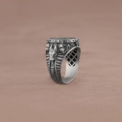 حلقة Horus Anubis مع عبور ثلاثي الأبعاد ، خاتم الرجال الفضي المصنوع يدويًا ، ومجوهرات الله المصرية ، خاتم الخاتم القديم ، حلقة الخنفساء الأساطير in Kuwait