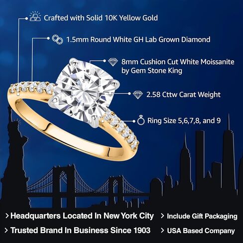 Gem Stone King 10K Yellow Gold 8MM Cushion Cut White Moissanite and White Lab Grown Diamond Engagement Ring For Women (2.58 Cttw, Available In Size 5, 6, 7, 8, 9) in Saudi Arabia